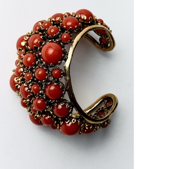 ZARA Red/Orange Stone and Metal Cuff Bracelet - Picture 3 of 8